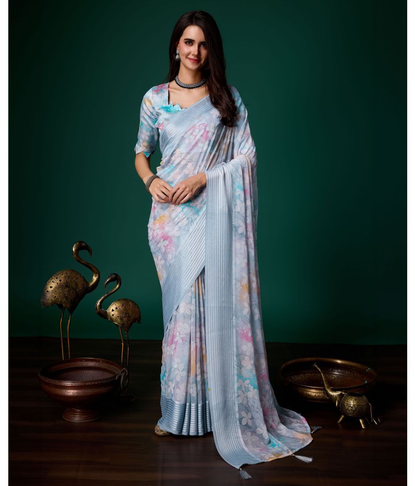     			Rekha Maniyar Chiffon Printed Saree With Blouse Piece - Teal ( Pack of 1 )