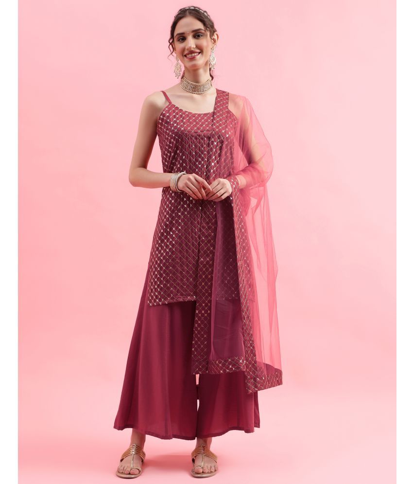     			Skylee Chiffon Embellished Kurti With Palazzo Women's Stitched Salwar Suit - Maroon ( Pack of 1 )