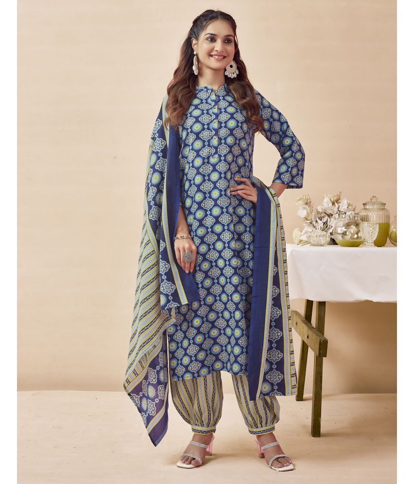     			Skylee Cotton Blend Printed Kurti With Salwar Women's Stitched Salwar Suit - Navy Blue ( Pack of 1 )