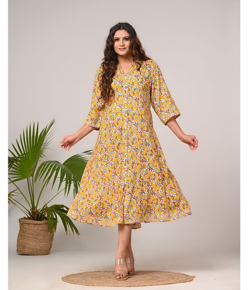     			Swasti Cotton Blend Printed Front Slit Women's Kurti - Yellow ( Pack of 1 )