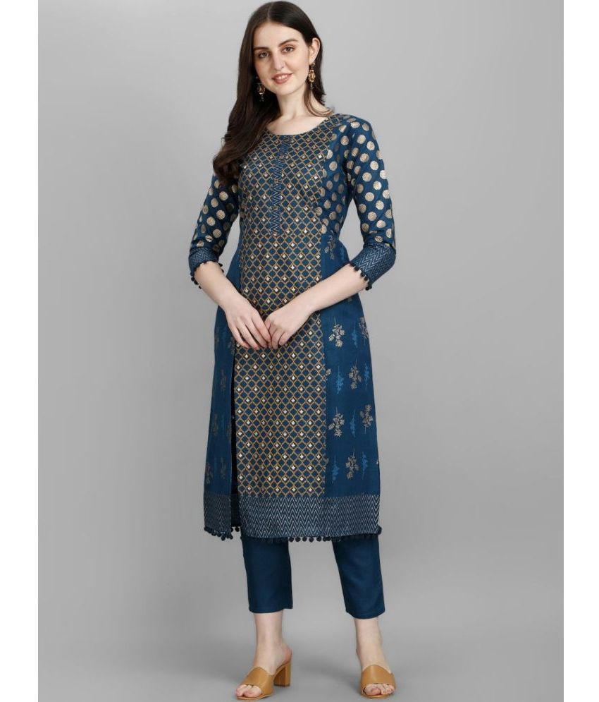     			Zonoti Fashion Cotton Blend Printed Kurti With Pants Women's Stitched Salwar Suit - Blue ( Pack of 1 )