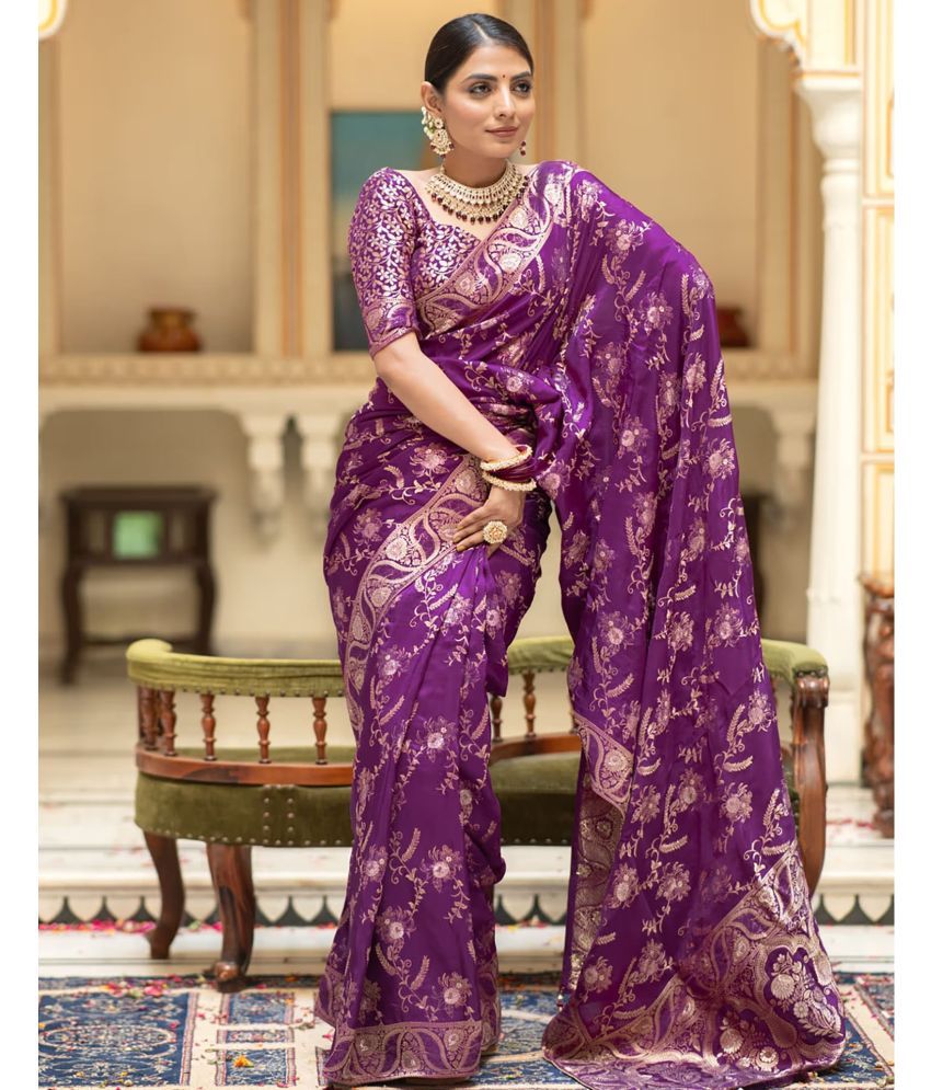     			Satrani Art Silk Woven Saree With Blouse Piece - Purple ( Pack of 1 )