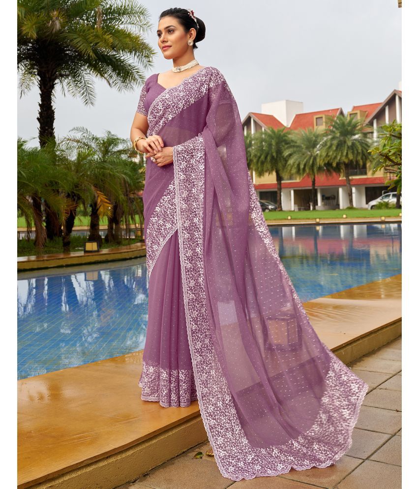     			Satrani Chiffon Embroidered Saree With Blouse Piece - Purple ( Pack of 1 )