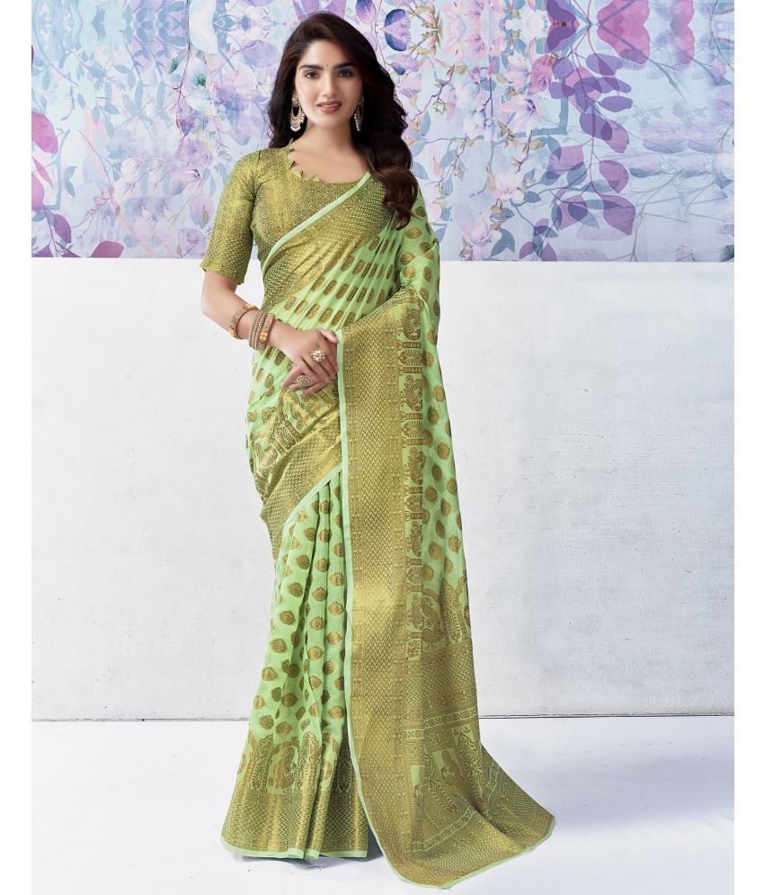     			Satrani Cotton Silk Woven Saree With Blouse Piece - LightGreen ( Pack of 1 )