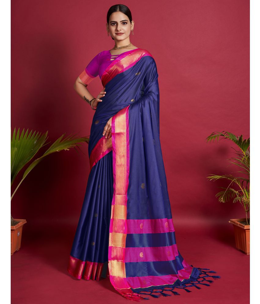     			Satrani Cotton Silk Woven Saree With Blouse Piece - Navy Blue ( Pack of 1 )