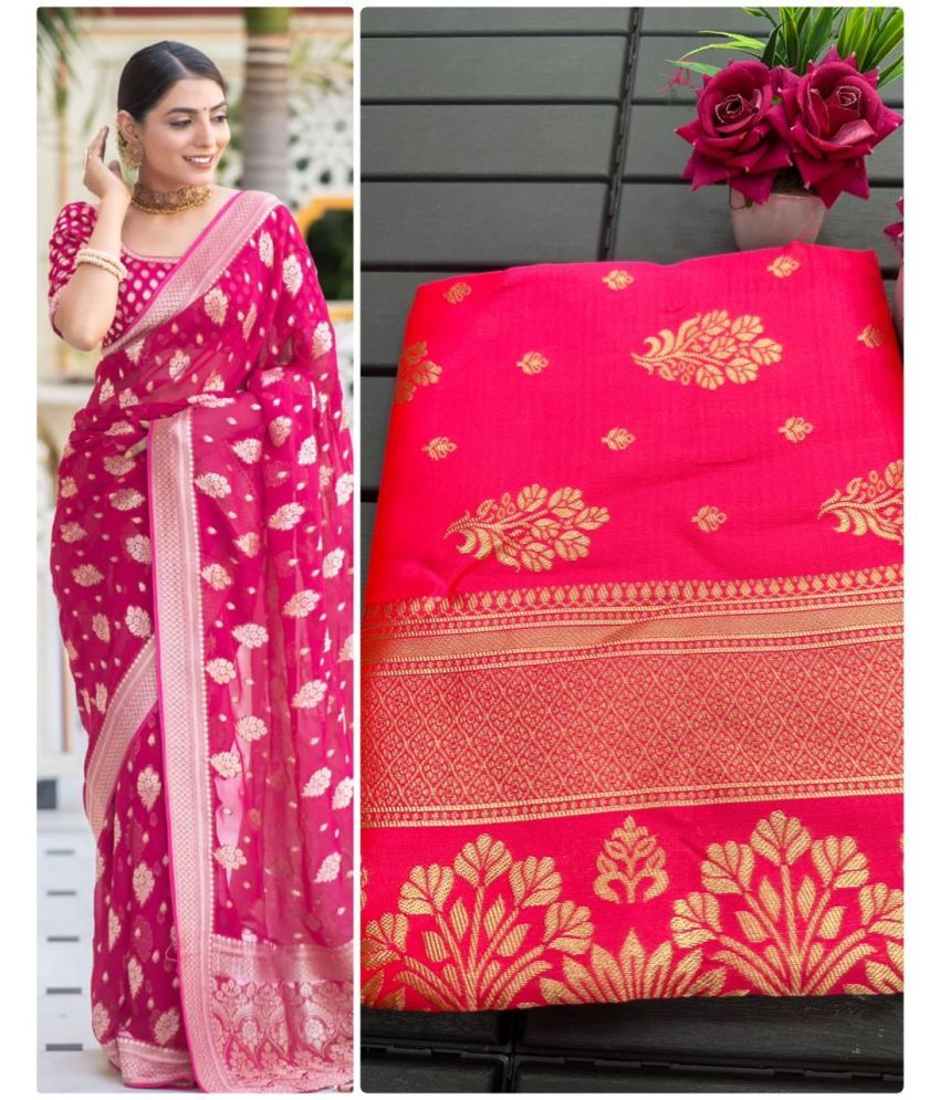     			Apnisha Banarasi Silk Embellished Saree With Blouse Piece - Pink ( Pack of 1 )