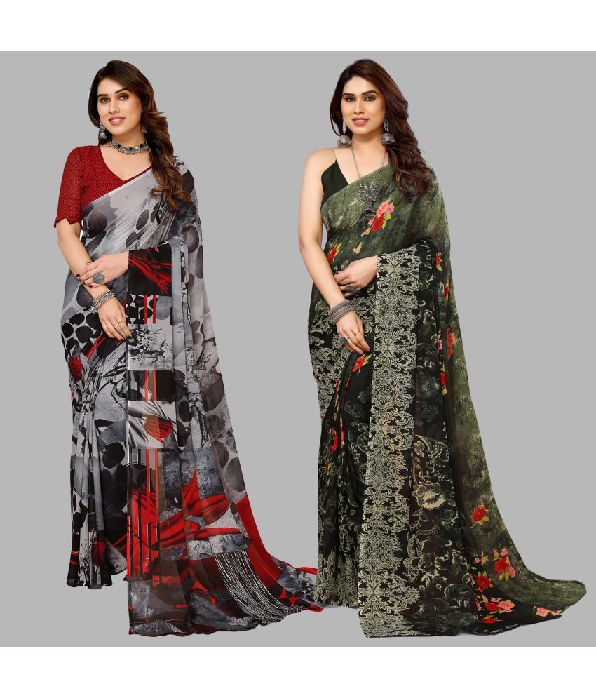     			Kashvi Sarees Georgette Printed Saree With Blouse Piece - Multicolour ( Pack of 2 )