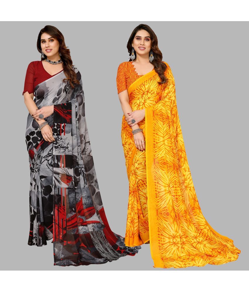     			Kashvi Sarees Georgette Printed Saree With Blouse Piece - Multicolour ( Pack of 2 )