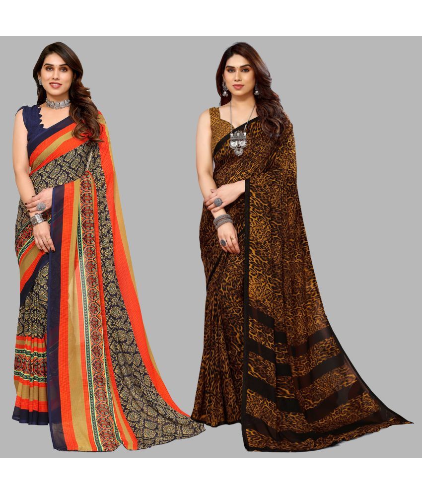     			Kashvi Sarees Georgette Printed Saree With Blouse Piece - Multicolour ( Pack of 2 )