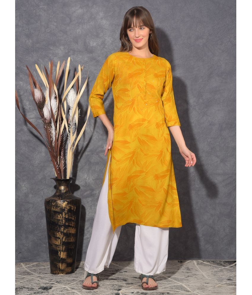     			Mamoose Rayon Self Design Straight Women's Kurti - Yellow ( Pack of 1 )