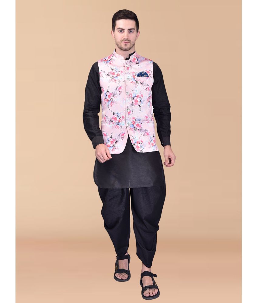     			PRINTCULTR Black Silk Regular Fit Men's Dhoti Kurta Set ( Pack of 1 )