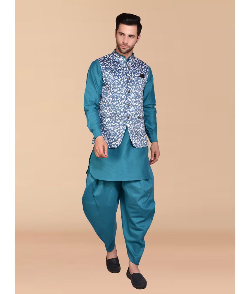     			PRINTCULTR Blue Silk Regular Fit Men's Dhoti Kurta Set ( Pack of 1 )