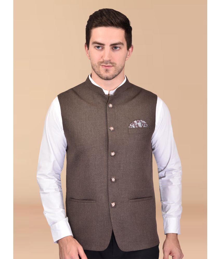     			PRINTCULTR Brown Cotton Blend Men's Nehru Jacket ( Pack of 1 )