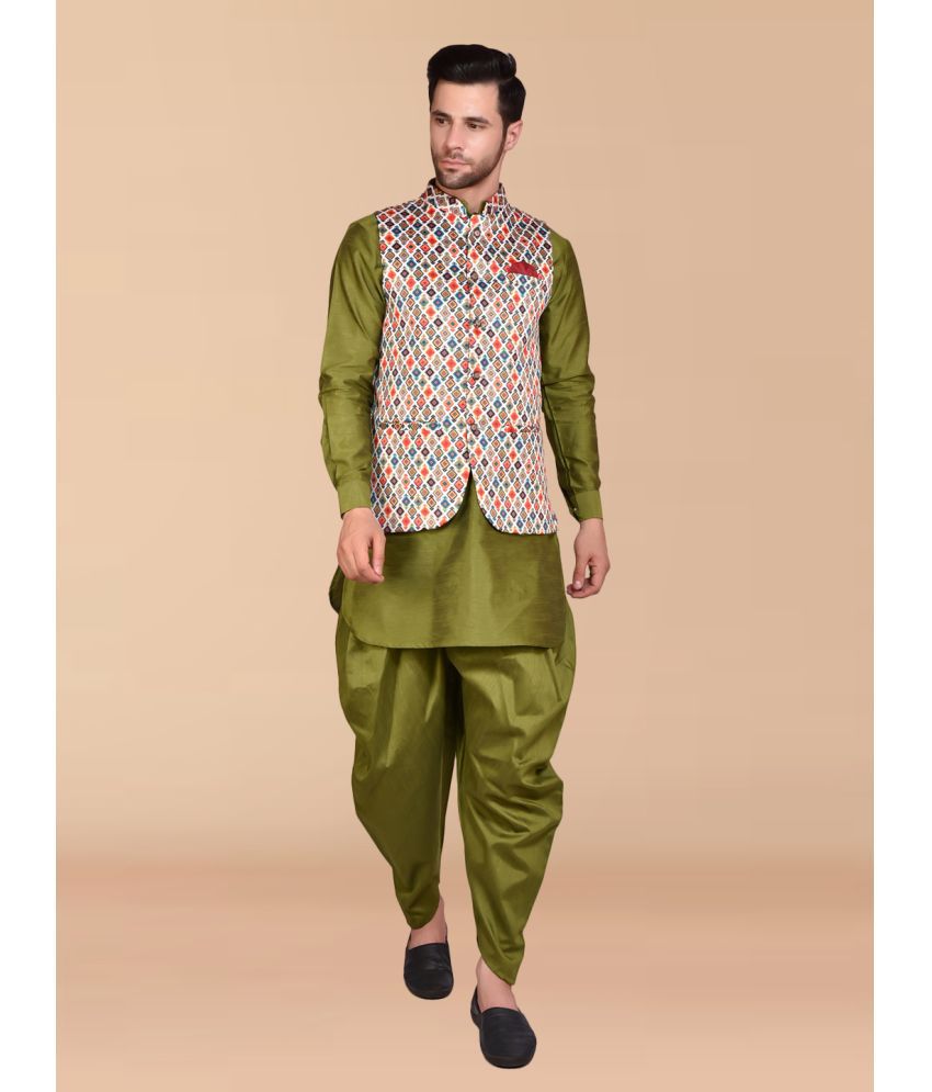     			PRINTCULTR Green Silk Regular Fit Men's Dhoti Kurta Set ( Pack of 1 )