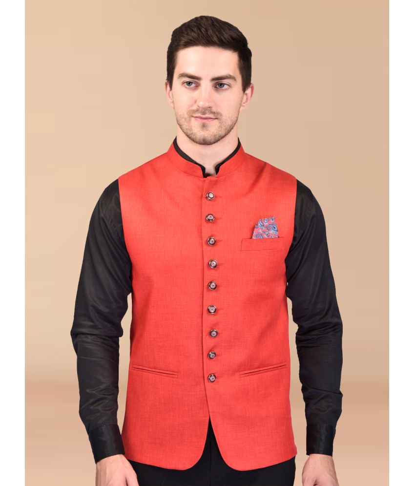     			PRINTCULTR Red Cotton Blend Men's Nehru Jacket ( Pack of 1 )