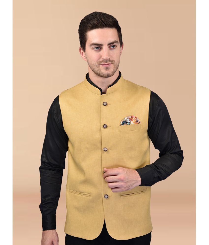     			PRINTCULTR Yellow Cotton Blend Men's Nehru Jacket ( Pack of 1 )