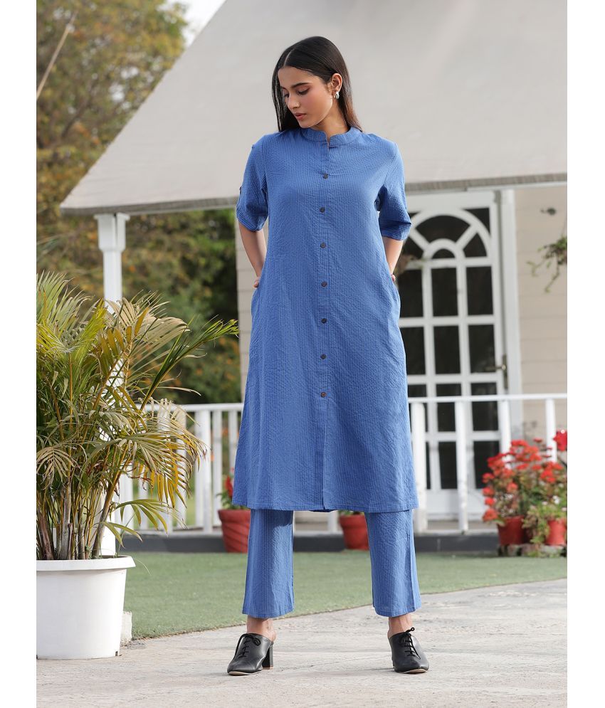     			Queenley Cotton Striped Straight Women's Kurti - Navy Blue ( Pack of 1 )