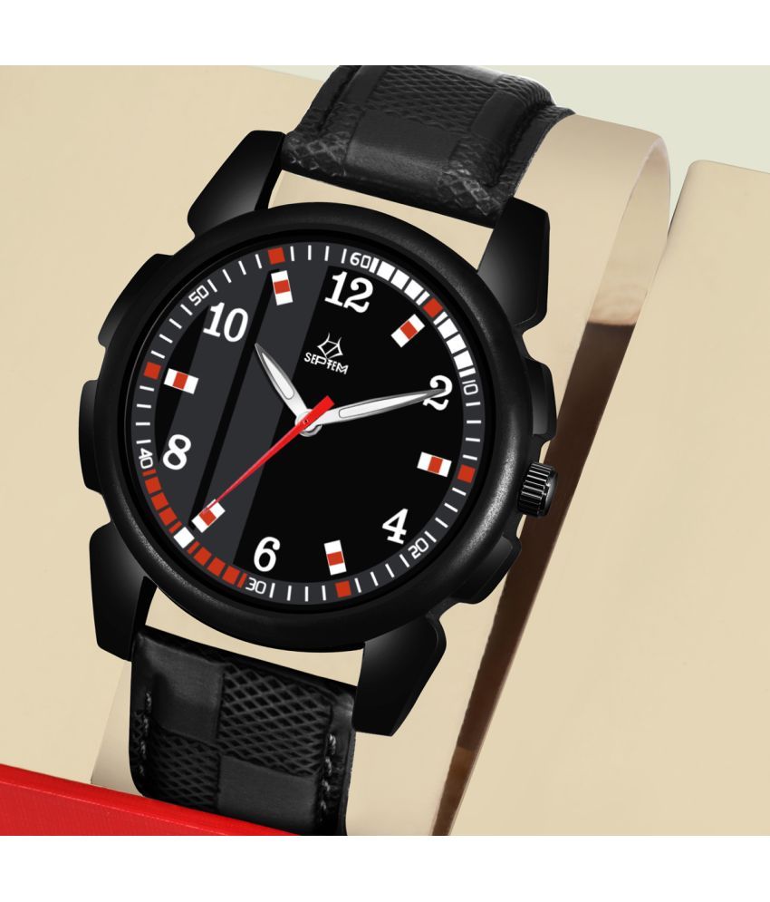     			Septem Black Leather Analog Men's Watch