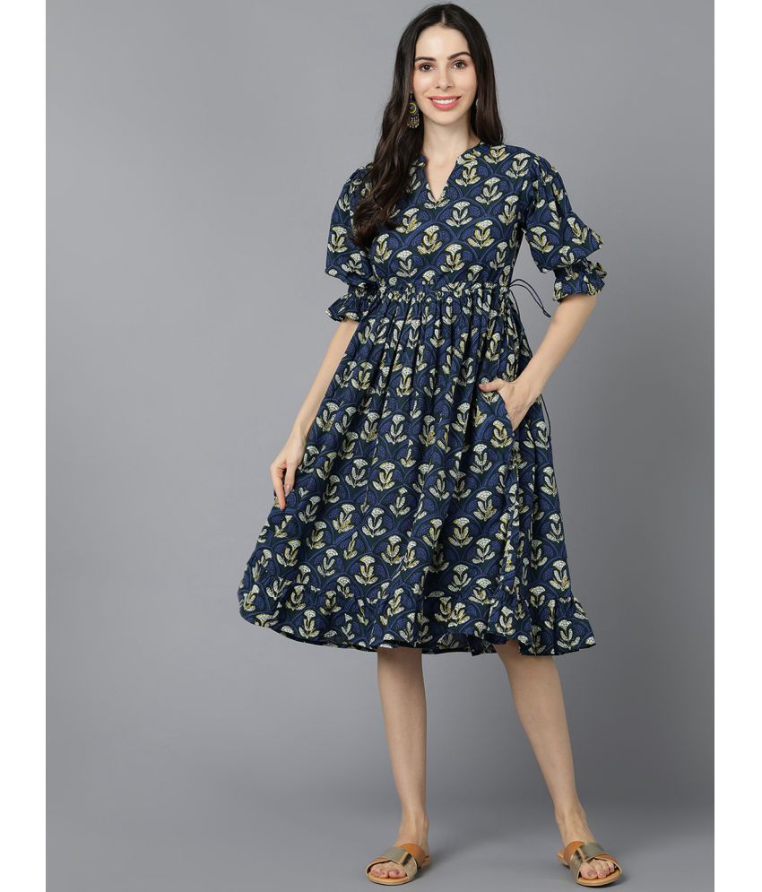     			Vaamsi Cotton Printed Knee Length Women's Fit & Flare Dress - Navy Blue ( Pack of 1 )