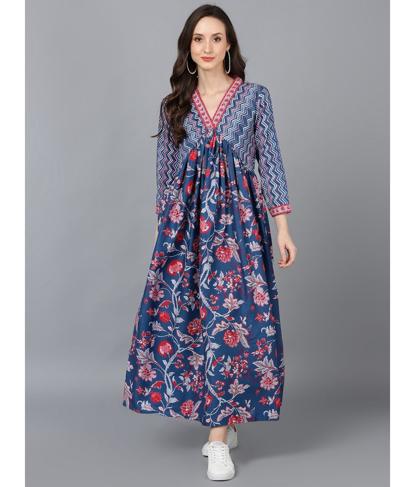     			Vaamsi Silk Printed Full Length Women's Fit & Flare Dress - Blue ( Pack of 1 )