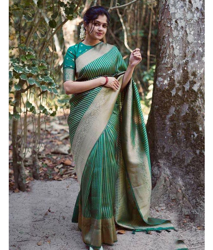     			Samah Art Silk Woven Saree With Blouse Piece - Green ( Pack of 1 )