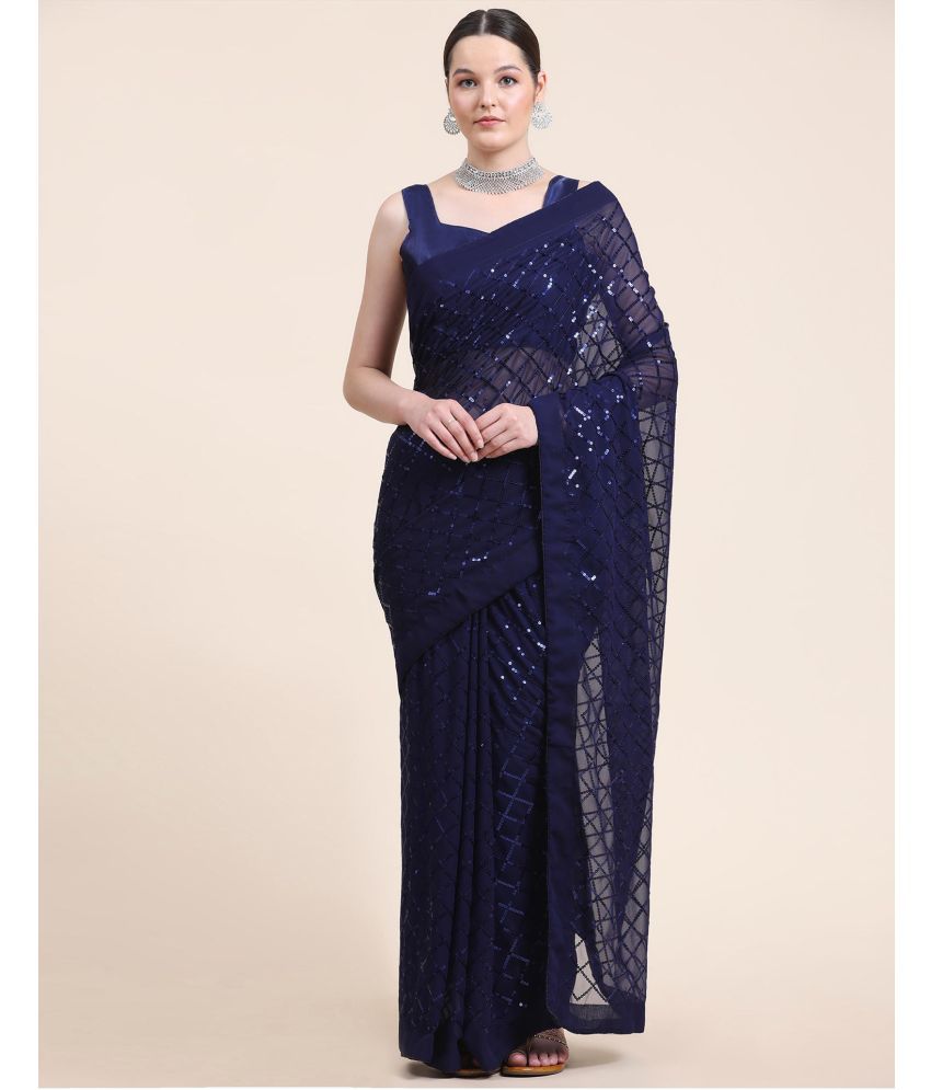     			Samah Georgette Embroidered Saree With Blouse Piece - Navy Blue ( Pack of 1 )