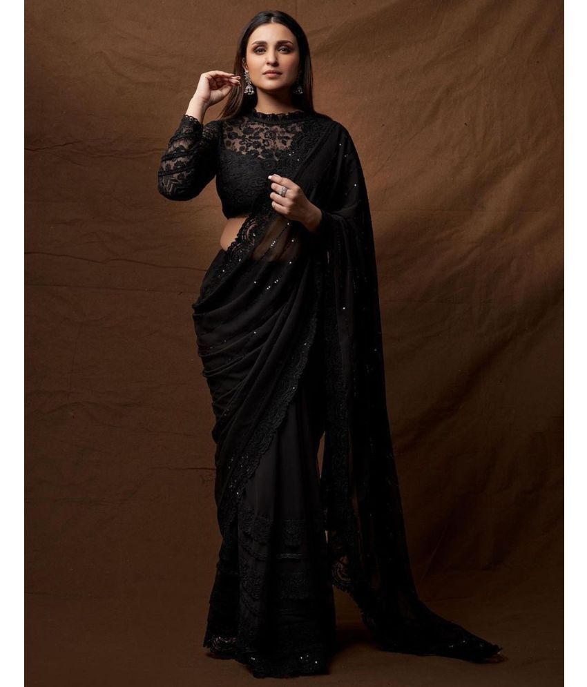     			Samah Georgette Embroidered Saree With Blouse Piece - Black ( Pack of 1 )