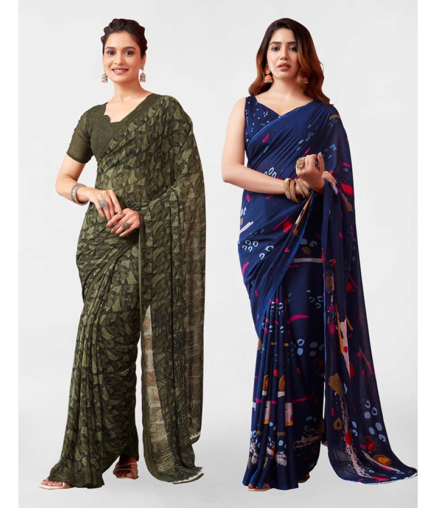     			Samah Georgette Printed Saree With Blouse Piece - Navy Blue ( Pack of 2 )