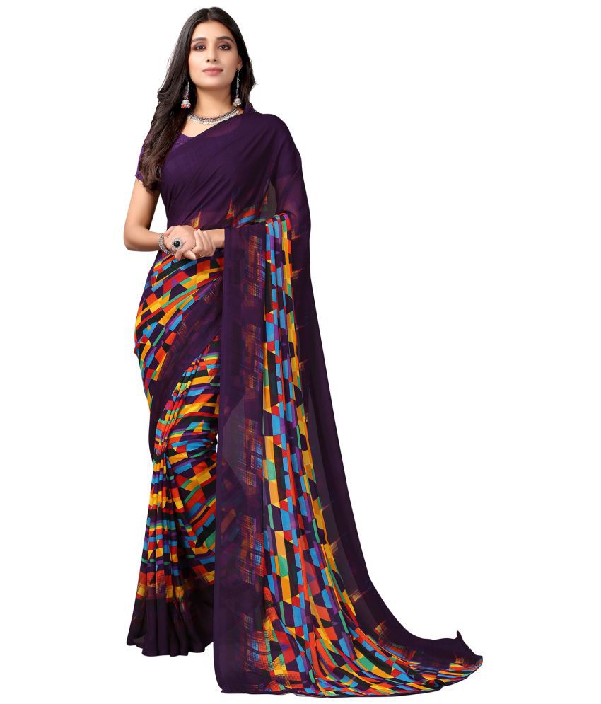     			Samah Georgette Printed Saree With Blouse Piece - Purple ( Pack of 1 )