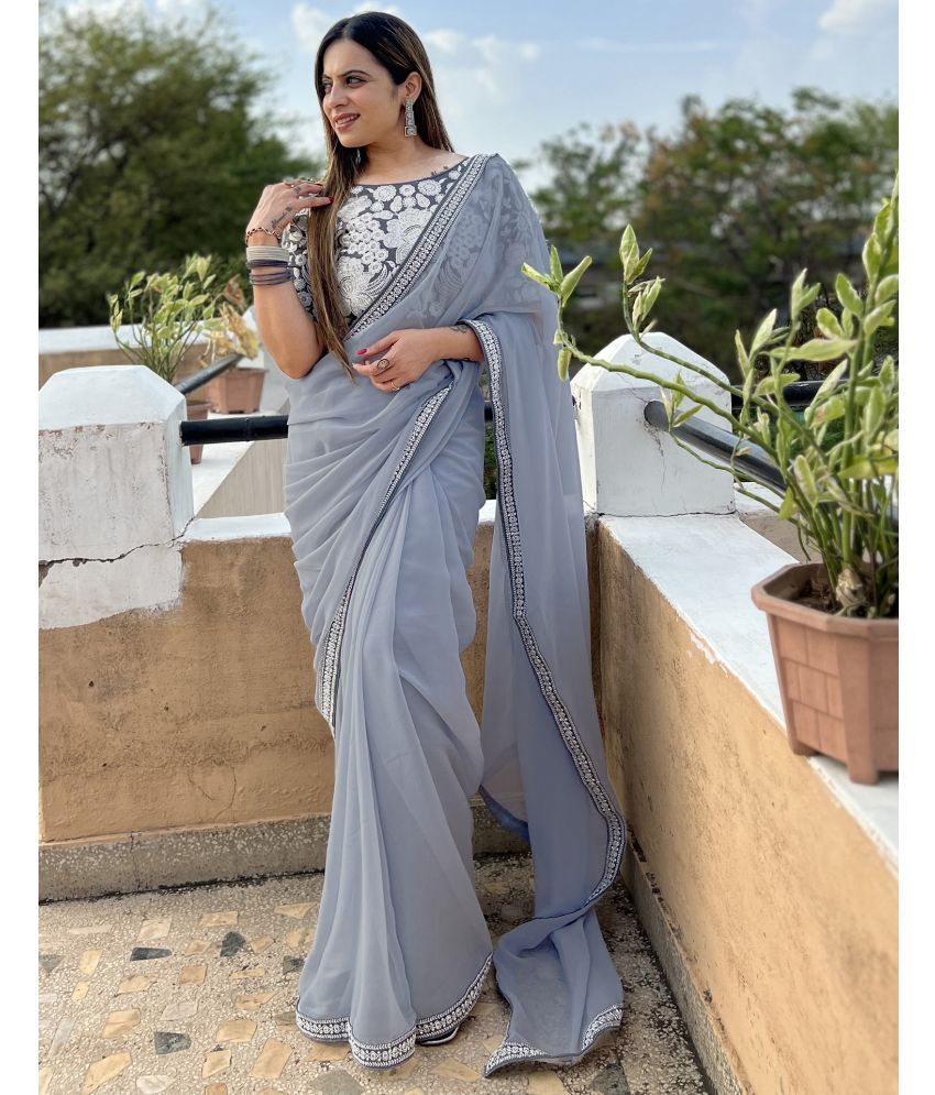     			Samah Georgette Solid Saree With Blouse Piece - Grey ( Pack of 1 )