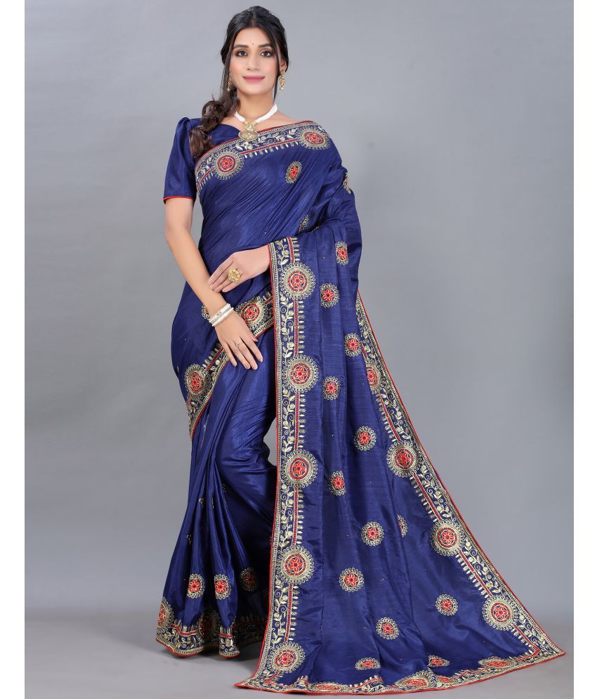     			Samah Silk Blend Embroidered Saree With Blouse Piece - Navy Blue ( Pack of 1 )