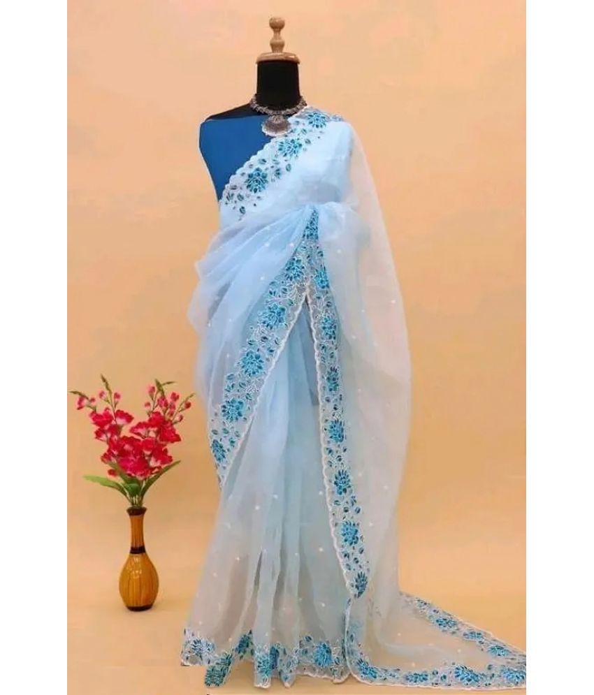     			Apnisha Net Embroidered Saree With Blouse Piece - Turquoise ( Pack of 1 )