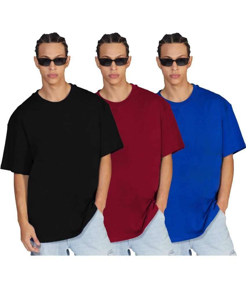     			Leotude Cotton Blend Oversized Fit Solid Half Sleeves Men's T-Shirt - Black ( Pack of 3 )