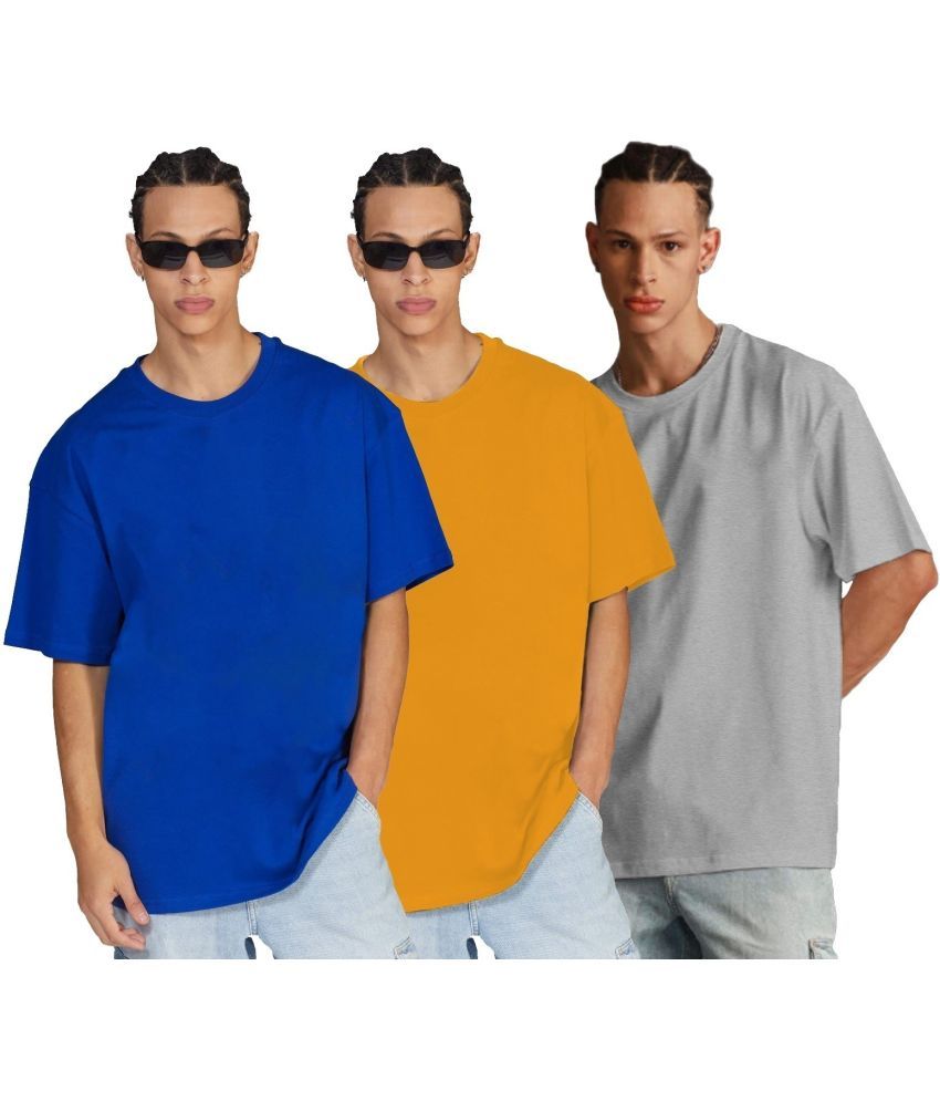     			Leotude Cotton Blend Oversized Fit Solid Half Sleeves Men's T-Shirt - Blue ( Pack of 3 )