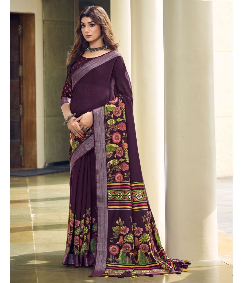     			Samah Cotton Printed Saree With Blouse Piece - Wine ( Pack of 1 )