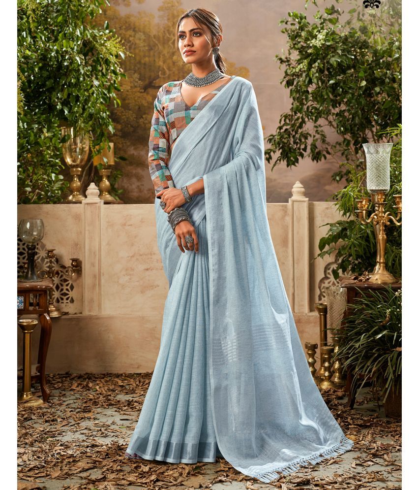     			Samah Cotton Self Design Saree With Blouse Piece - Light Blue ( Pack of 1 )