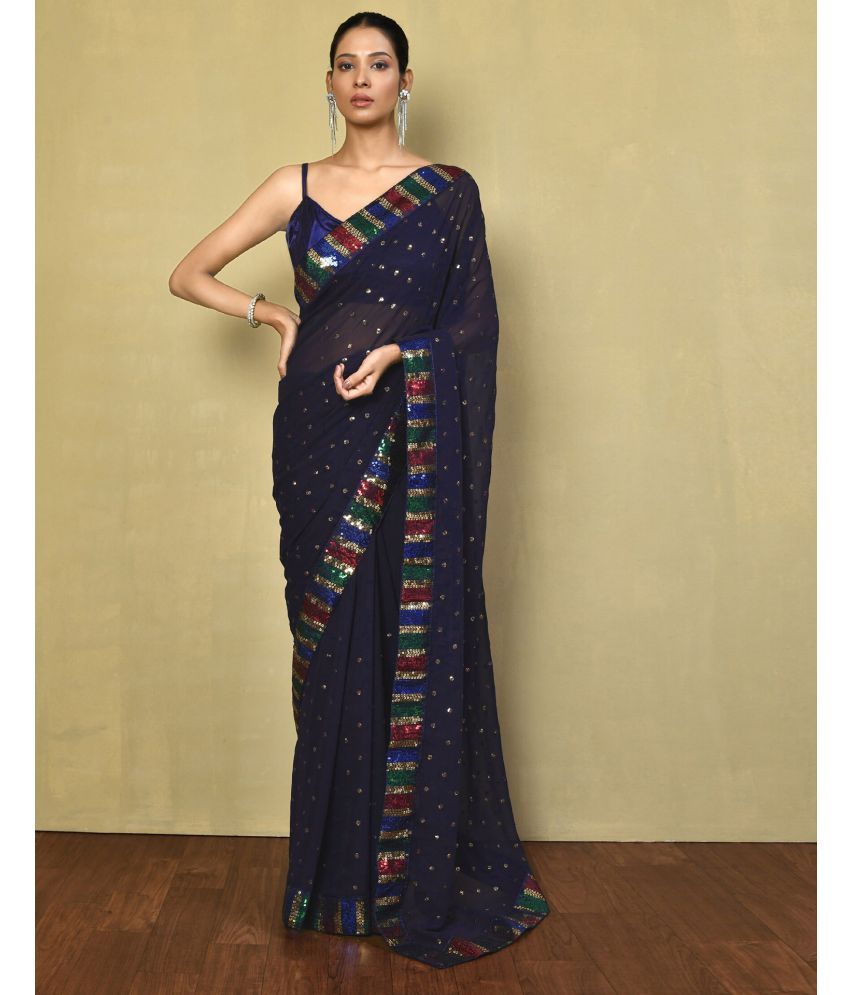     			Samah Georgette Embellished Saree With Blouse Piece - Navy Blue ( Pack of 1 )