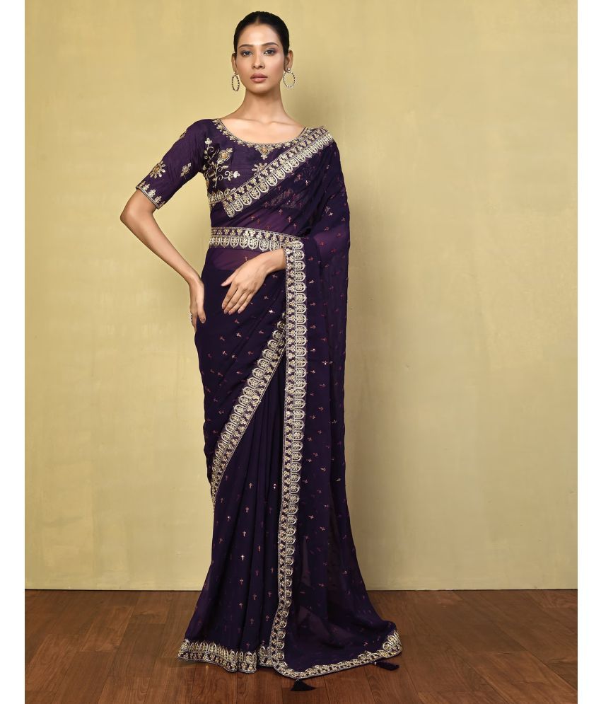     			Samah Georgette Embellished Saree With Blouse Piece - Purple ( Pack of 1 )