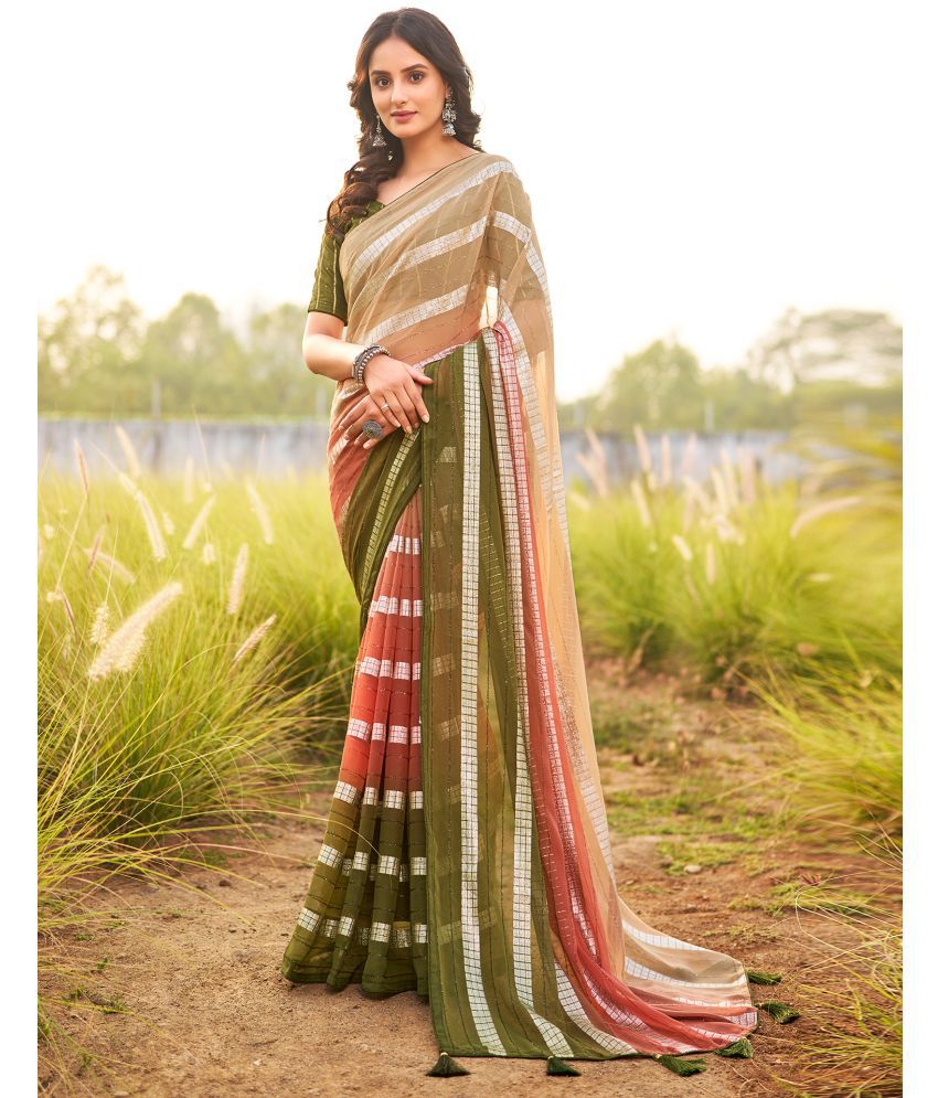     			Samah Georgette Striped Saree With Blouse Piece - Olive ( Pack of 1 )