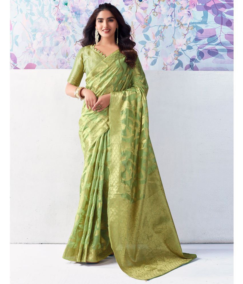     			Samah Organza Self Design Saree With Blouse Piece - Lime Green ( Pack of 1 )