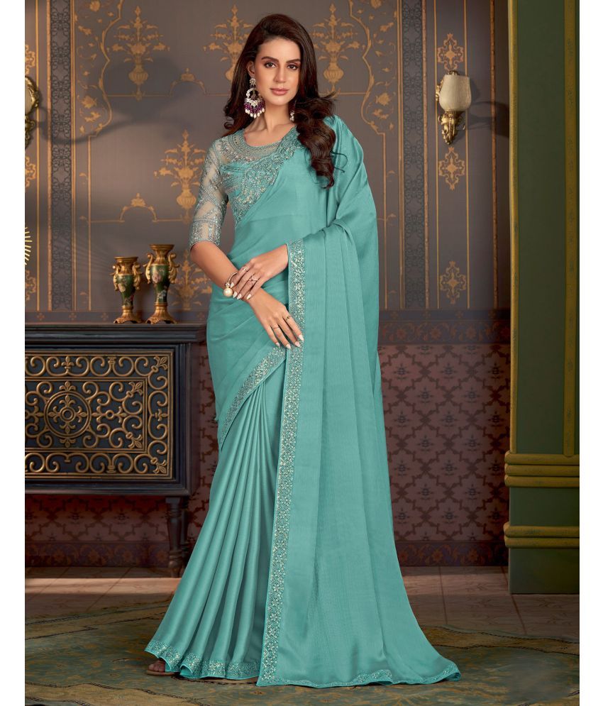     			Samah Satin Solid Saree With Blouse Piece - Light Blue ( Pack of 1 )