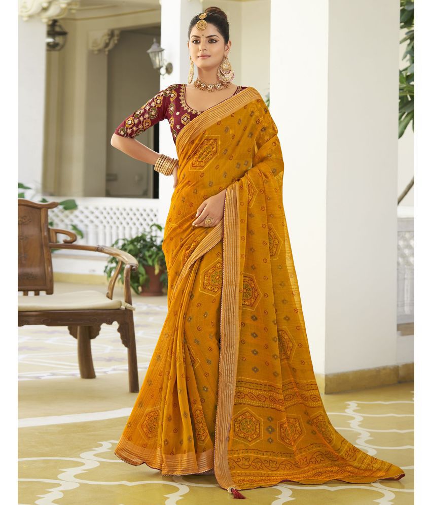     			Samah Shimmer Printed Saree With Blouse Piece - Yellow ( Pack of 1 )