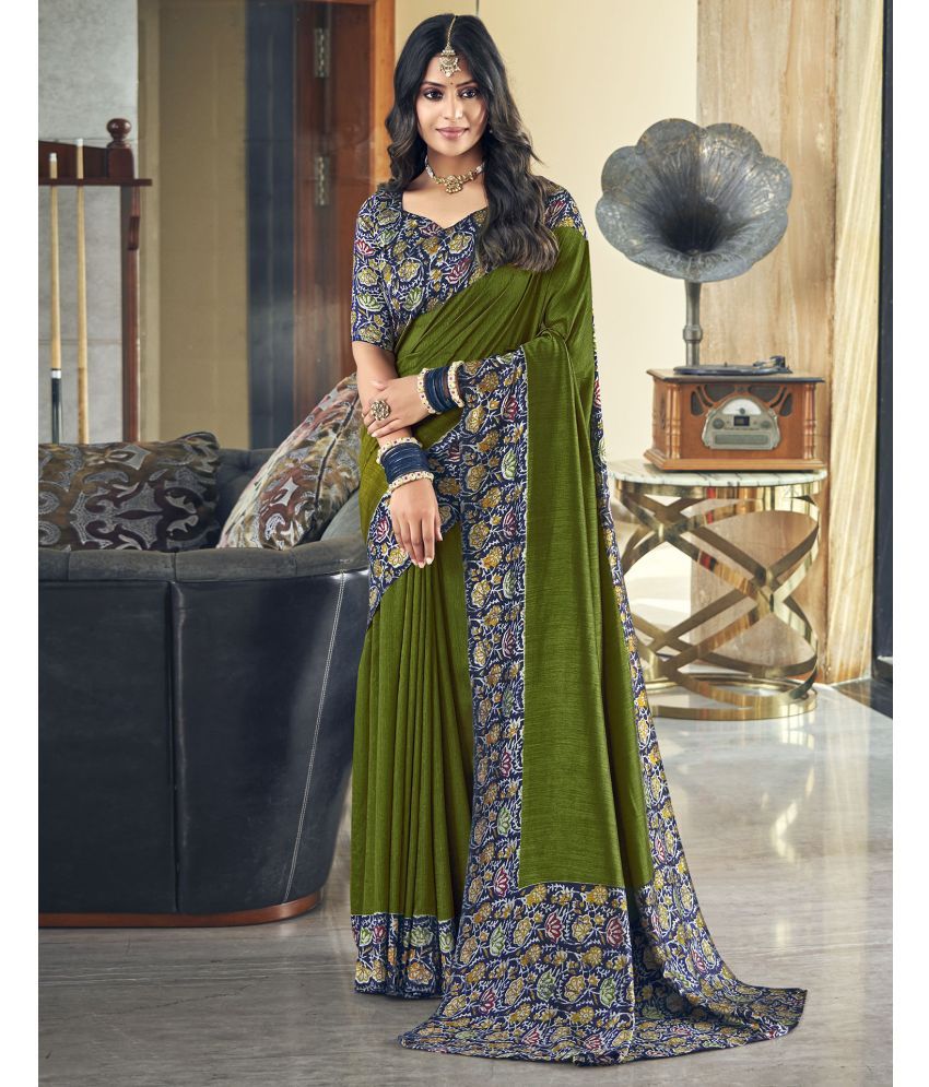     			Samah Silk Blend Printed Saree With Blouse Piece - Olive ( Pack of 1 )