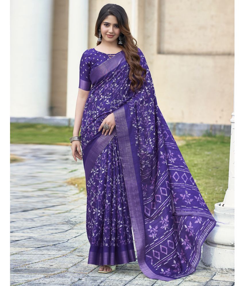     			Samah Silk Printed Saree With Blouse Piece - Purple ( Pack of 1 )