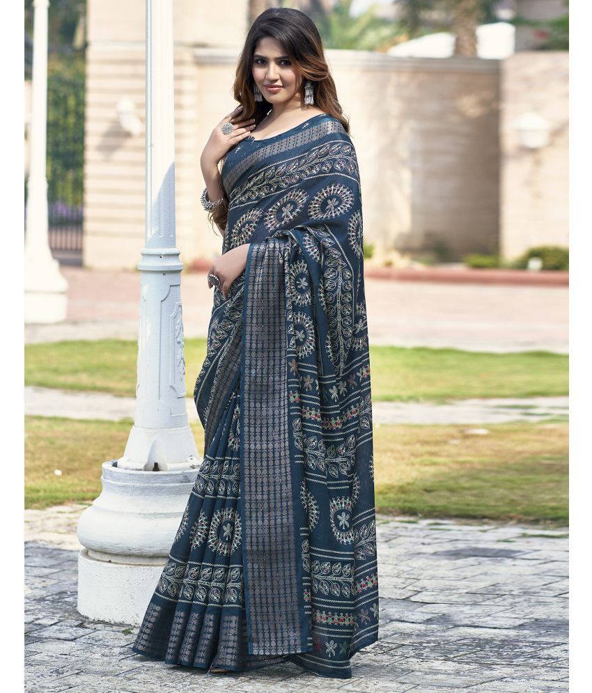     			Samah Silk Printed Saree With Blouse Piece - Lightblue ( Pack of 1 )