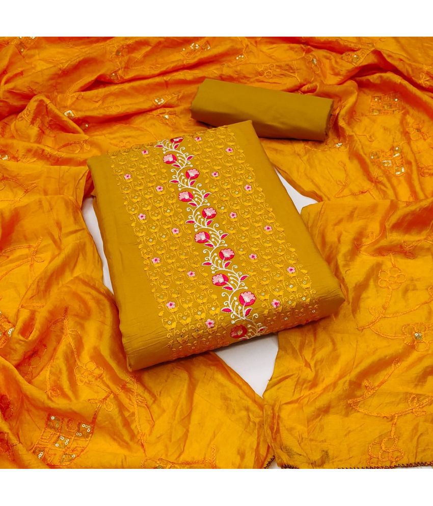     			A TO Z CART Unstitched Silk Embroidered Dress Material - Mustard ( Pack of 1 )