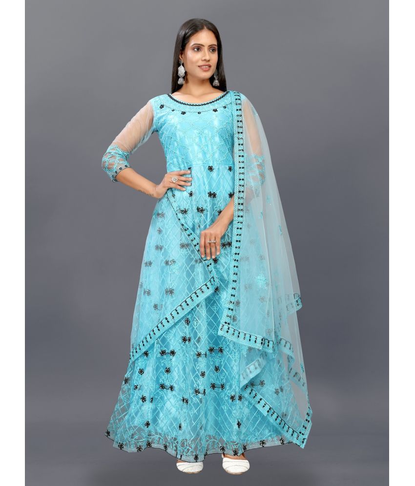     			Apnisha Turquoise Flared Net Women's Semi Stitched Ethnic Gown ( Pack of 1 )