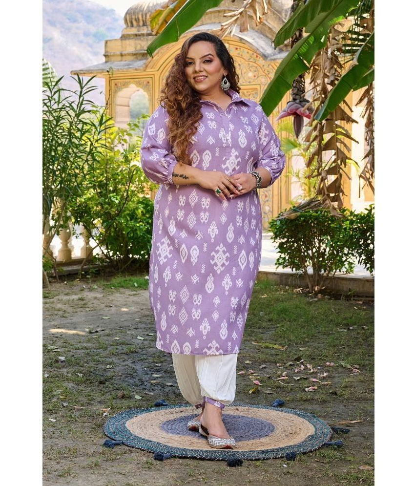     			PrettyPlus by Desinoor.com Linen Printed Kurti With Pants Women's Stitched Salwar Suit - Lavender ( Pack of 1 )