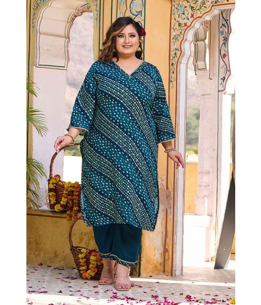     			PrettyPlus by Desinoor.com Rayon Printed Kurti With Pants Women's Stitched Salwar Suit - Teal ( Pack of 1 )