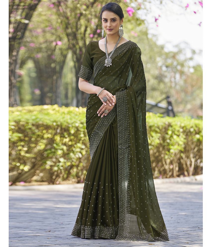     			Samah Georgette Embellished Saree With Blouse Piece - Olive ( Pack of 1 )